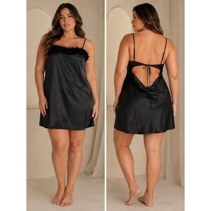 Thirty/Thirty LA Black Satin Feather Trim Mini Dress Open Back Tie XL